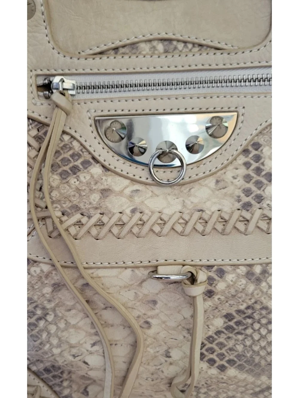 Beige Women's Snake-Texture Top-Handle Large Shoulder Leather Bag W/Spikes